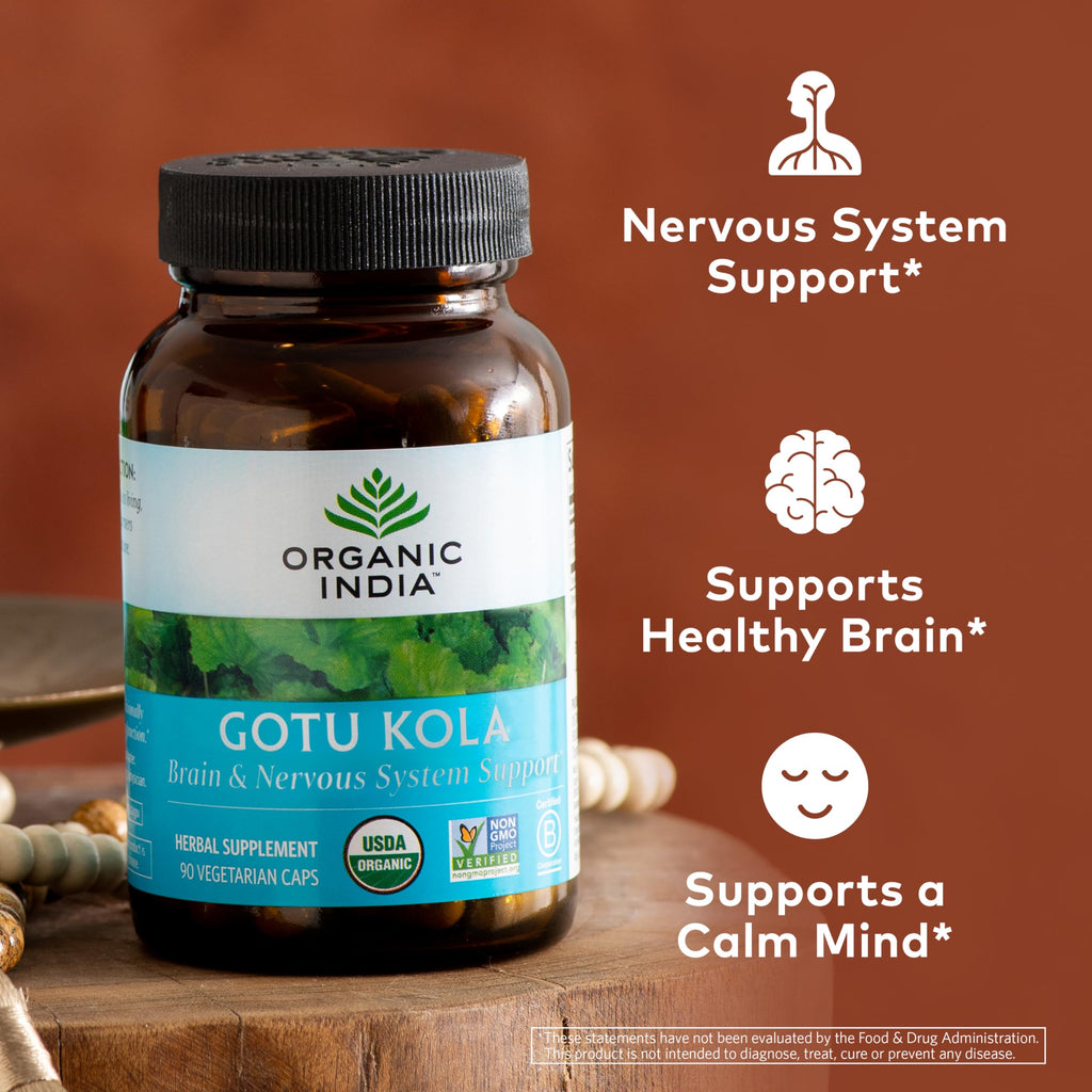 ORGANIC INDIA Gotu Kola Herbal Supplement - Adaptogen for Brain & Nervous System Support, Vegan, Gluten-Free, Kosher, USDA Certified Organic, Non-GMO, Calming, Mental Clarity - 90 Capsules
