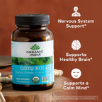 ORGANIC INDIA Gotu Kola Herbal Supplement - Adaptogen for Brain & Nervous System Support, Vegan, Gluten-Free, Kosher, USDA Certified Organic, Non-GMO, Calming, Mental Clarity - 90 Capsules