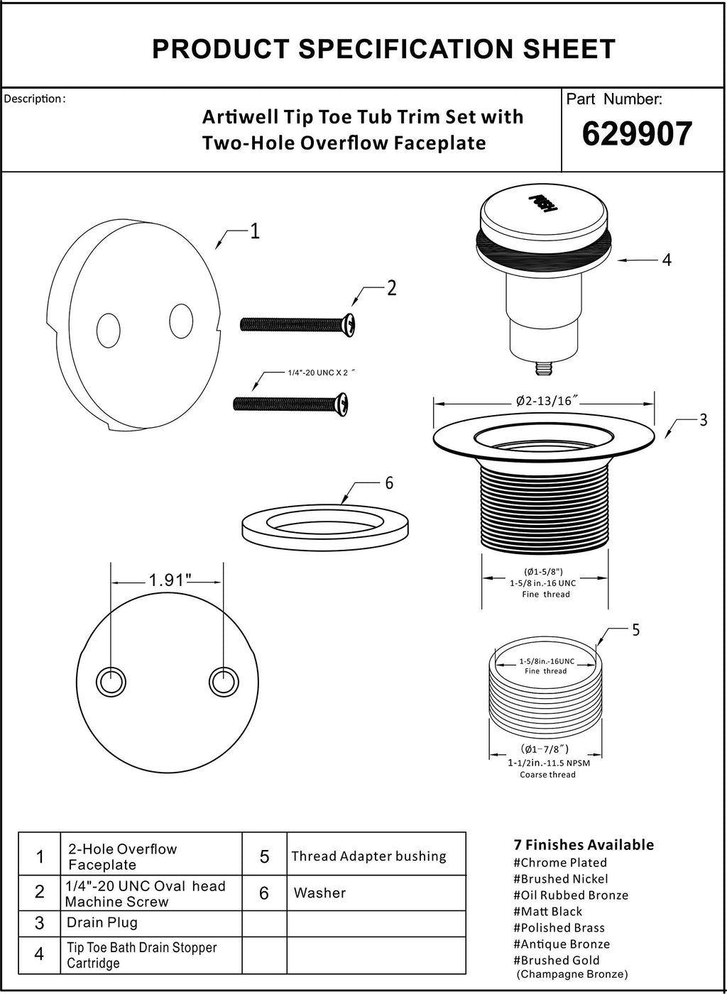 Artiwell Tip-Toe Tub Trim Set with Two-Hole Overflow Faceplate, Replacement Bath Drain Trim Kit with 2-Hole Overflow Faceplate and Universal Fine/Coarse Thread (Brushed Nickel)