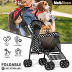 MoNiBloom 4 Wheels Pet Stroller, Easy-Fold Umbrella Shaped Dog Cat Jogger Stroller w/Storage Bag & Visible Mesh for Small/Medium Dogs Cats Black Polka Dots