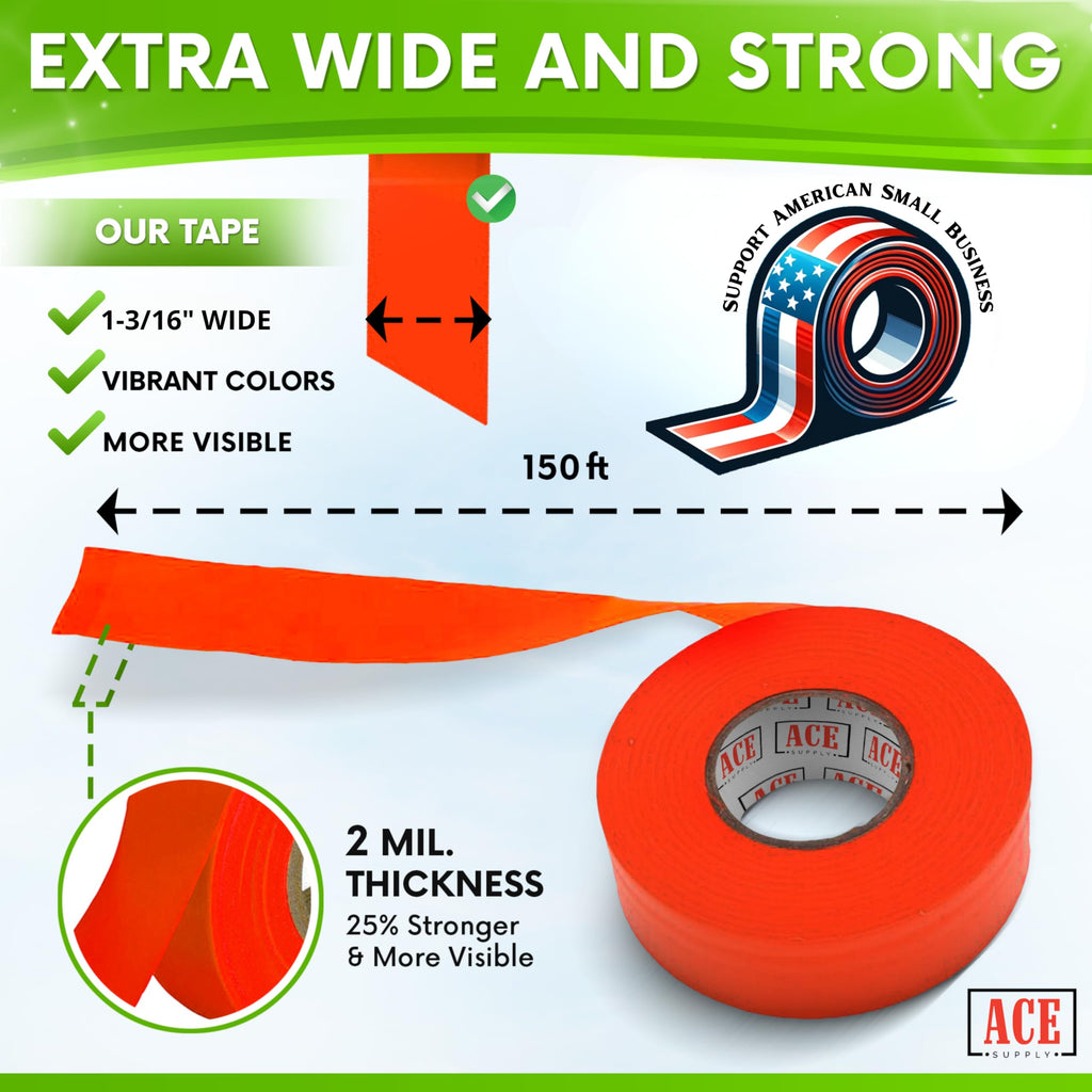 ACE Supply Orange Flagging Tape - 2 Pack - 1-3/16 Inch Width, 150 Ft Length, 2 Mil - Non-Adhesive Survey Tape - Tree Marking Ribbon, Surveyors Ribbon