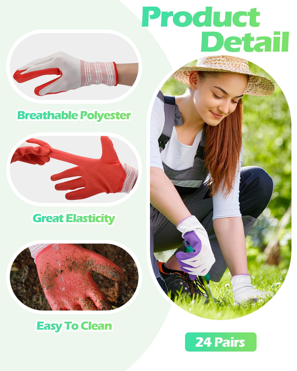 Irenare 24 Pairs Gardening Gloves Bulk for Women Ladies Breathable Rubber Coated Garden Glove for Yard Outdoor Work with Grip
