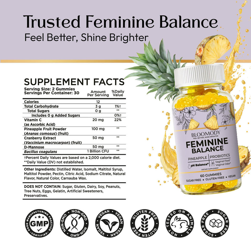 Bloomody Probiotic Feminine Balance Gummies for Women - pH Balance & Vaginal Health Supplement with Cranberry Vitamin C - Natural Pineapple pH Balancing Gummy for Healthy Odor Hygiene Support