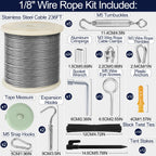 phepetroll 1/8" Wire Rope Kit 236FT Stainless Steel Aircraft Cable with M5 Turnbuckles, 7x7 Strand Core Vinyl Coated Guy Wire Tensioner Kit for Garden String Light, Pictuer, Clothes, Curtain Hanging