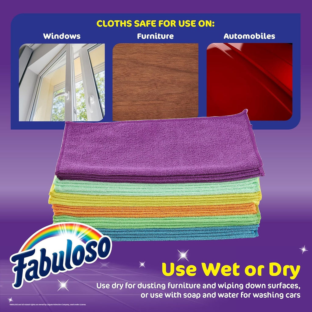 Fabuloso Microfiber Cleaning Cloths for Home & Car, Lint-Free Scratch-Free Rags for Glass, Kitchen & Wood, Reusable Machine Washable, Absorbent for Dusting & Wiping, Rainbow, 13 x 13 in, 24 Ct - 2 Pk