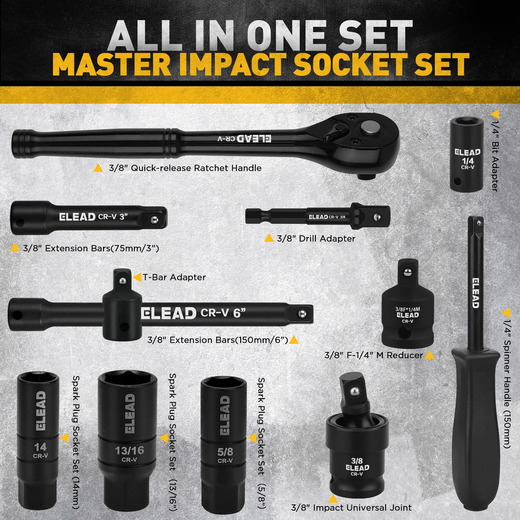 96-Piece 3/8" Drive Impact Socket Set, SAE(5/16 to 3/4-Inch) & Metric(8-22mm), Standard & Deep Sockets, Ratchet Handle, Bit Set, Universal Joint, Extension Bar, Adapters, Spark Plug Sockets