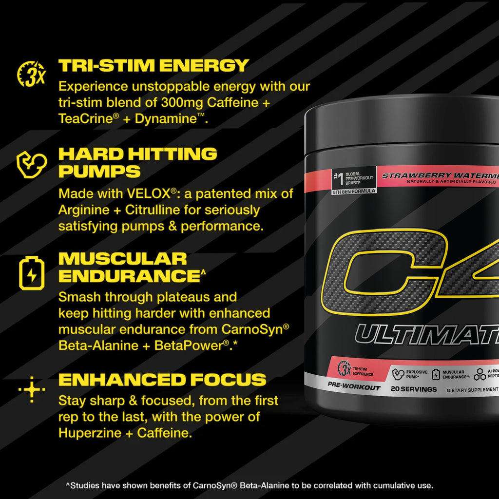 C4 Ultimate Pre Workout Powder Watermelon - Sugar Free Preworkout Energy Supplement for Men & Women - 300mg Caffeine + 3.2g Beta Alanine + 2 Patented Creatines - 20 Servings