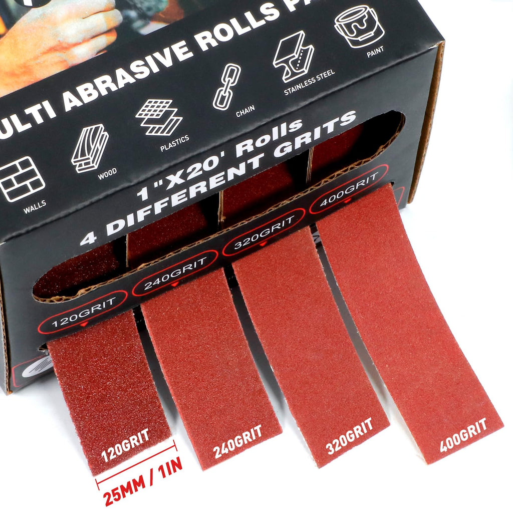 Emery Cloth Roll, 4 Grits 1'' x 19.7' Sandpaper Roll 120 240 320 400 Emery Cloth for Metal, Wood, Automotive Furniture, Wet/Dry Sanding Paper with Dispenser, 6 Meters Per Roll