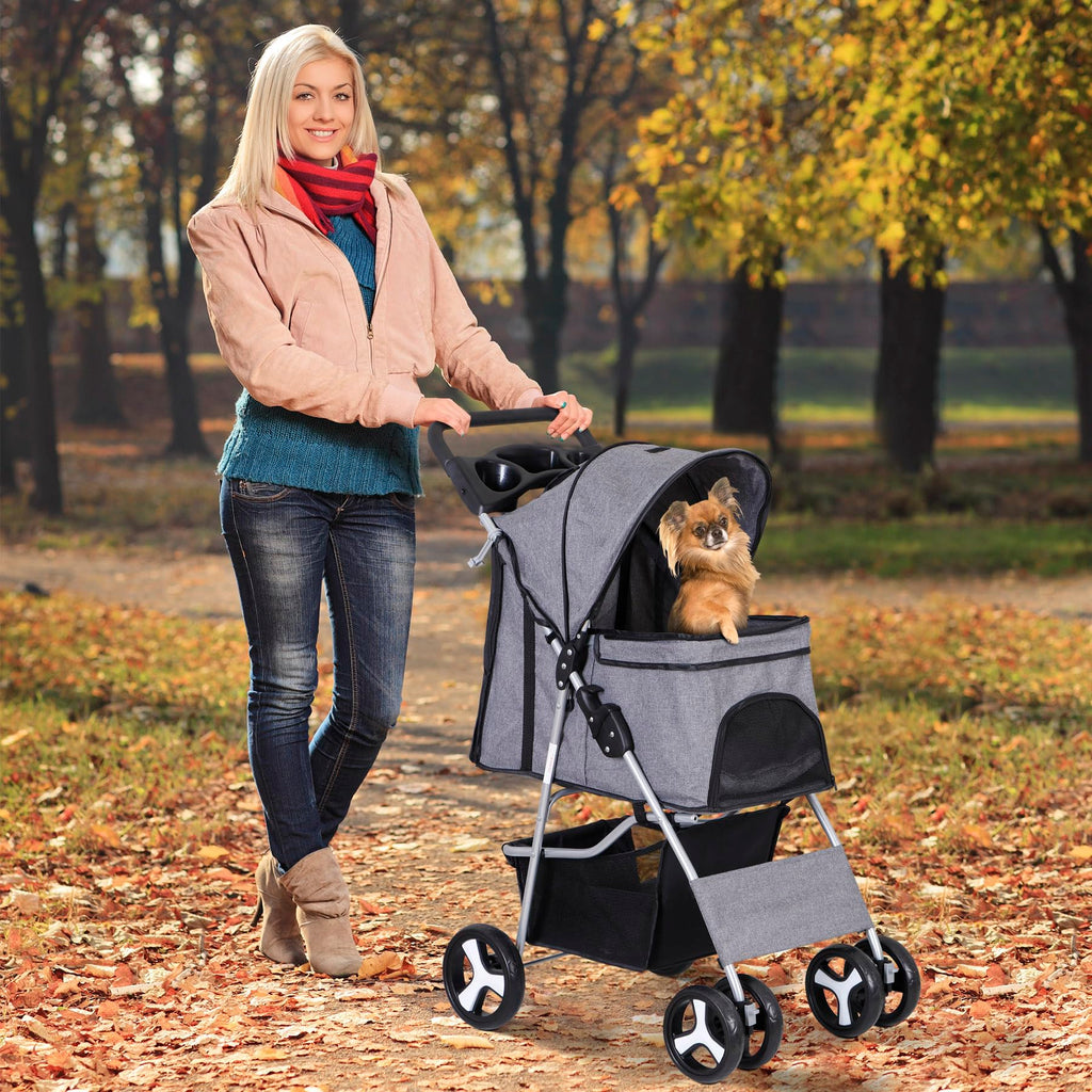 ZENY Foldable Pet Stroller, Cat/Dog Stroller with 4 Wheel, Pet Travel Carrier Strolling Cart with Storage Basket, Cup Holder (Grey)
