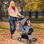 ZENY Foldable Pet Stroller, Cat/Dog Stroller with 4 Wheel, Pet Travel Carrier Strolling Cart with Storage Basket, Cup Holder (Grey)