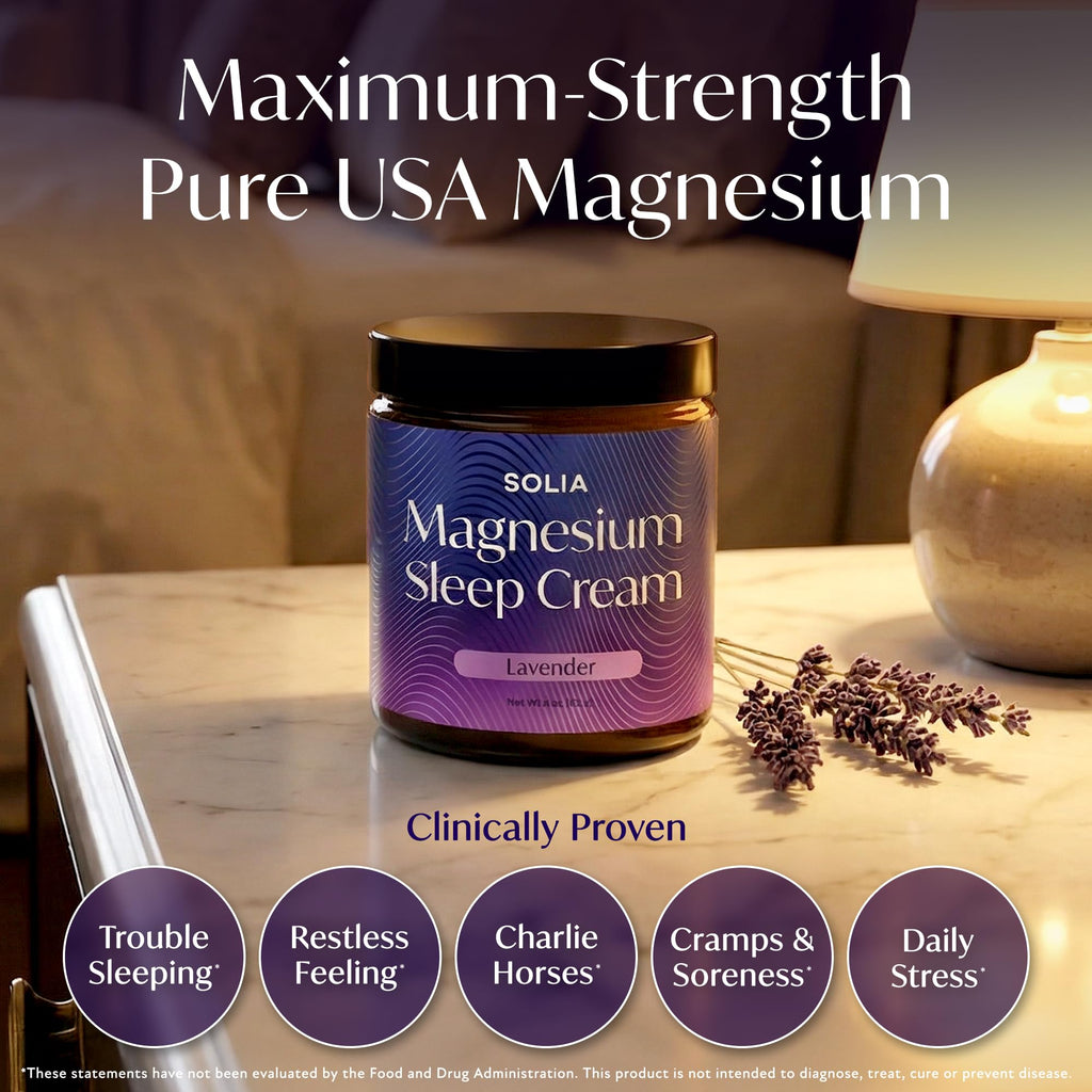 Solia Magnesium Sleep Cream, USA-Made Topical Magnesium Lotion for Sleep, Lavender Lotion for Feet Pain, Nighttime Mag Oil Body Butter, Foot Cream for Leg Cramps, Relaxing Rub for Muscle Soreness, 4oz