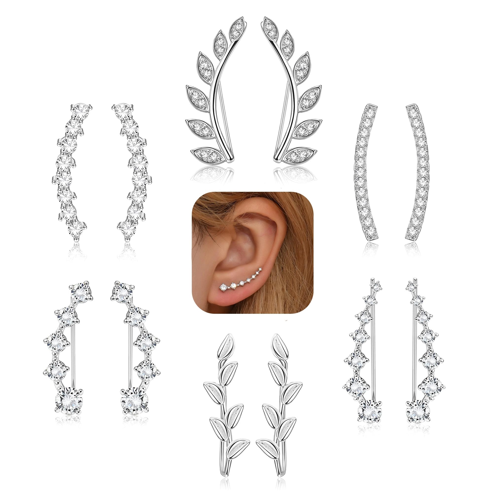 FINREZIO 6Pairs Ear Cuffs Climber Hoop Earring CZ Arrow Crawler Stud Earring Jacket for Women Silver