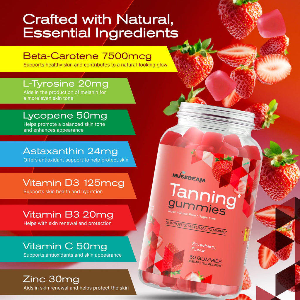 MuseBeam Tanning Gummies for Women - Daily Self Tan Chews That Work Fast Without Sun - Sunless Tan Skin Health Glow Up Sugar Free Vegan Oral Melanin Supplement with Beta Carotene Astaxanthin Lycopene