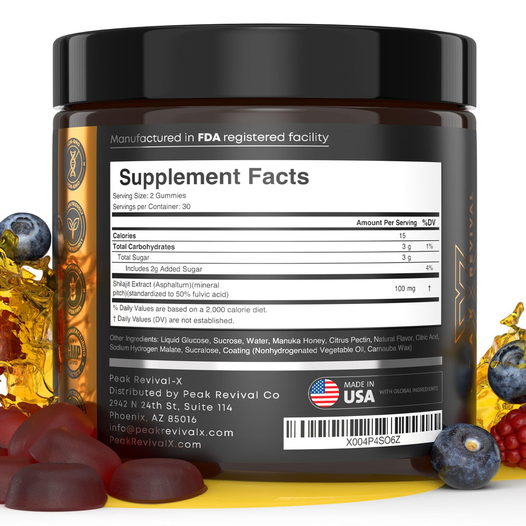 Peak Revival Shilajit Gummies with Manuka Honey - Promotes Optimal Recovery, Increases Energy & Endurance, Mixed Berry Flavor, 100mg per Serving, 60 Count (30 Servings)