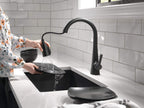 Delta Lenta Matte Black Kitchen Faucet with Pull Down Sprayer, Modern Single Hole Kitchen Sink Faucet, Single Handle, Matte Black 19802Z-BL-DST