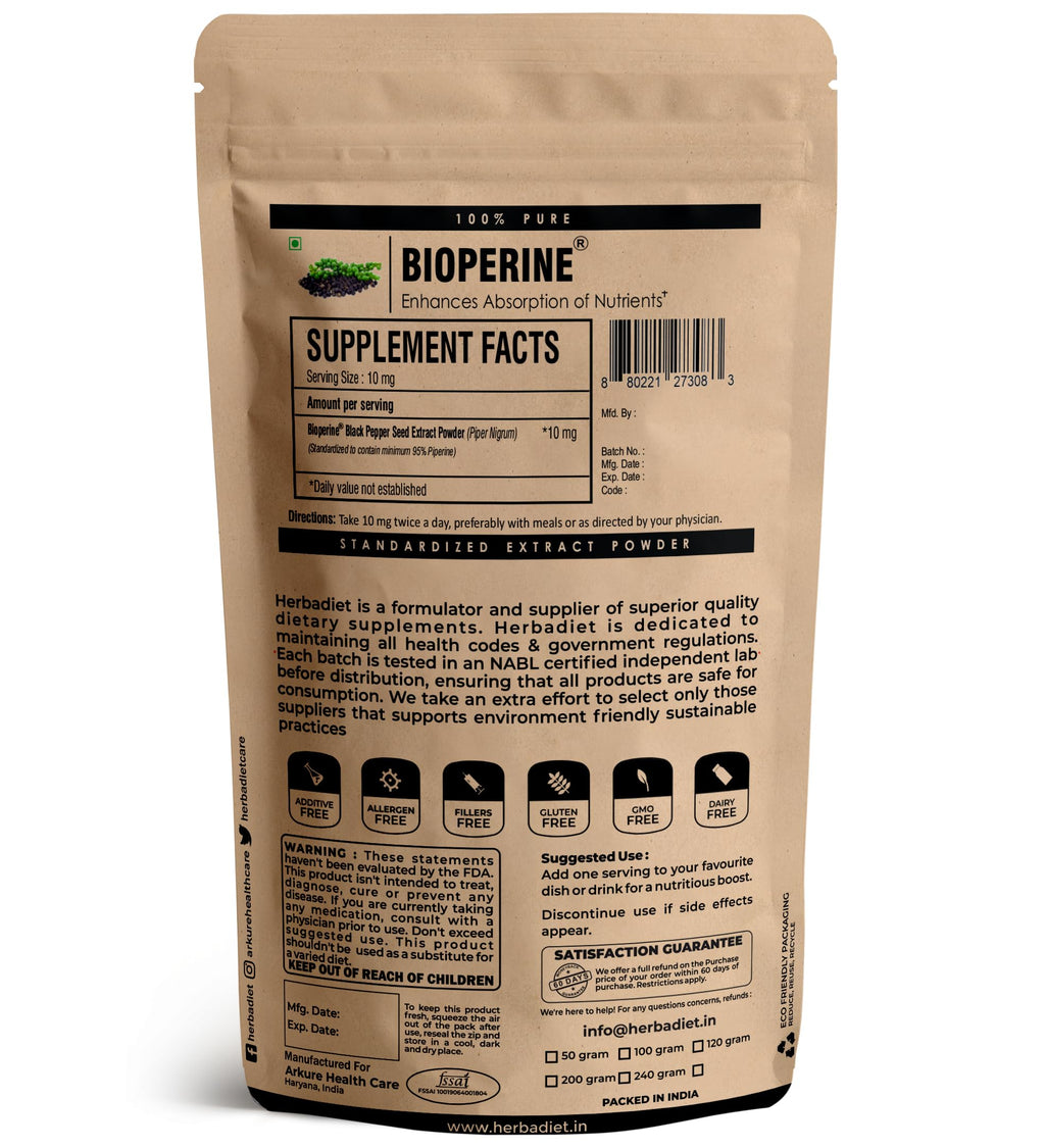 Herbadiet Bioperine Powder | Black Pepper Extract Powder Piperine 95% by HPLC | Bioavailability Enhancer, Boosts Nutrients Uptake | Gluten Free, Non-GMO Bulk Supplement (14 gram/ 0.5 oz)
