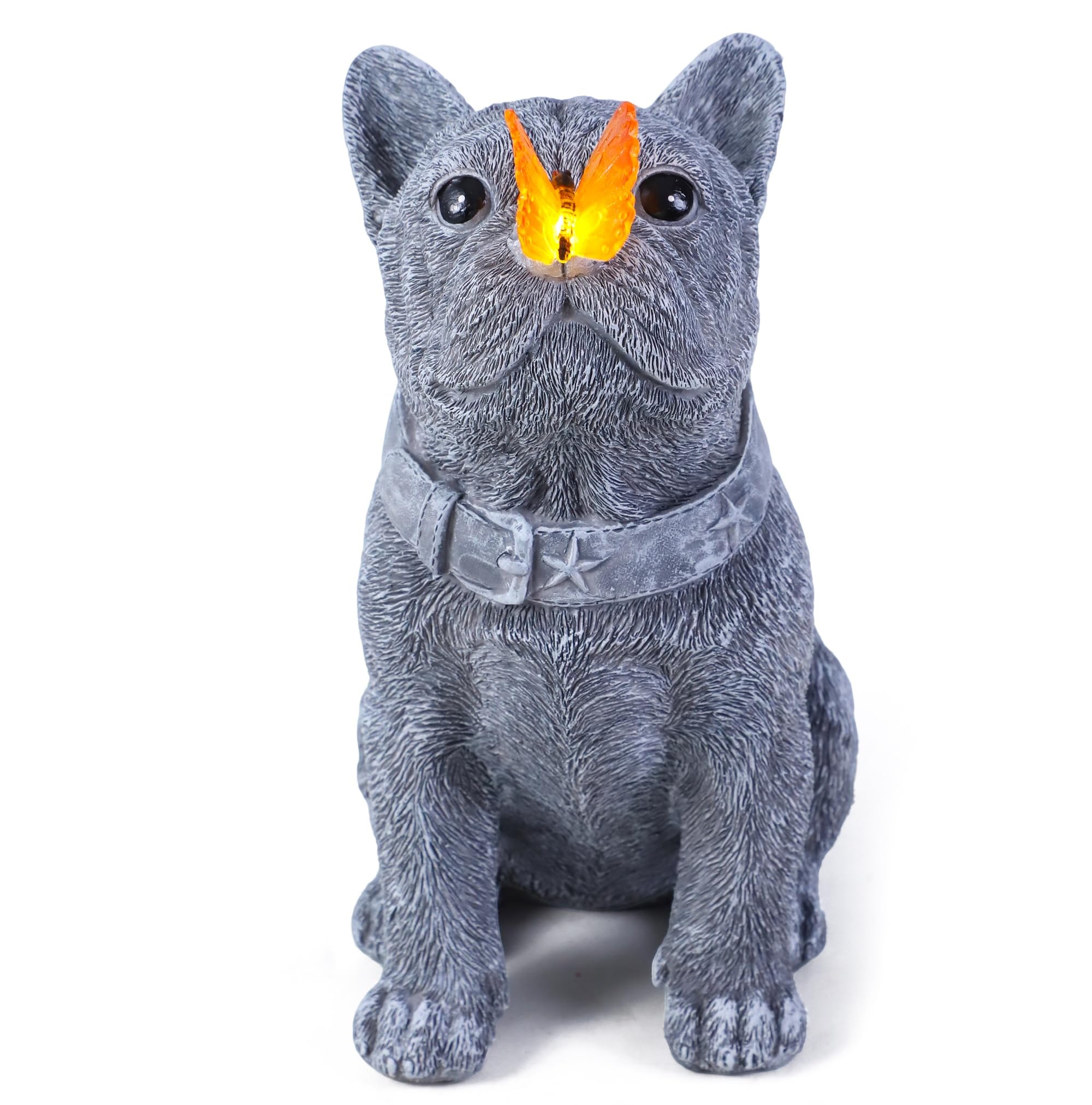 Solar French Bulldog Garden Statue with Butterfly, Outdoor Frenchie Gifts