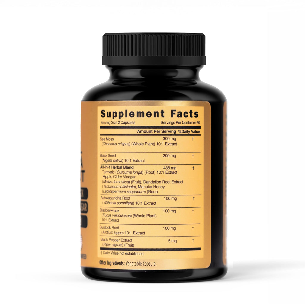 PRIME NATURAL Sea Moss 300mg Black Seed Oil 200mg Ashwagandha 100mg Turmeric Bladderwrack Burdock Manuka Honey Dandelion ACV - 120 Capsules | 60 Days Supply | Vegan