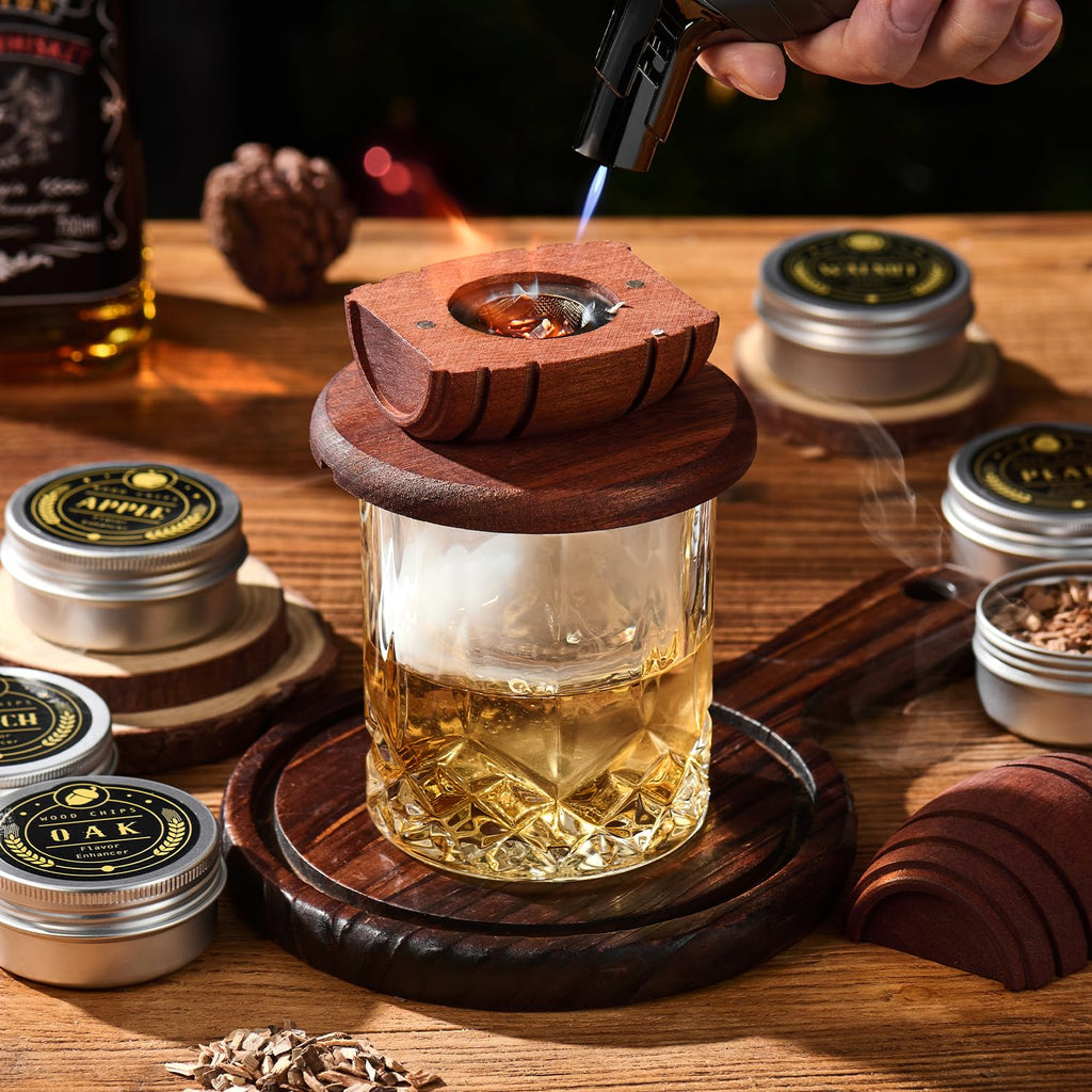 ComboJoy Whiskey Smoker Kit with Torch - 6 Flavors Wood Chips, 2 Glasses, 2 Ice Ball Molds - Cocktail Smoker Infuser Kit, Old Fashioned Drink Smoker Kit, Birthday Bourbon Gifts for Men,Dad(NO Butane)