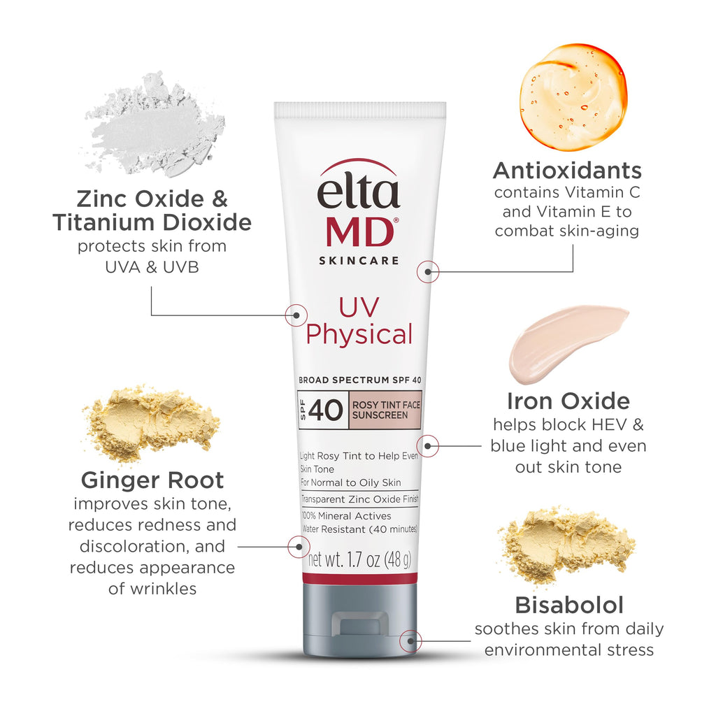 EltaMD UV Physical Rosy Tint Sunscreen for Face, SPF 40 Antixoidant Tinted Sunscreen, 100% Mineral Actives, 1.7 oz