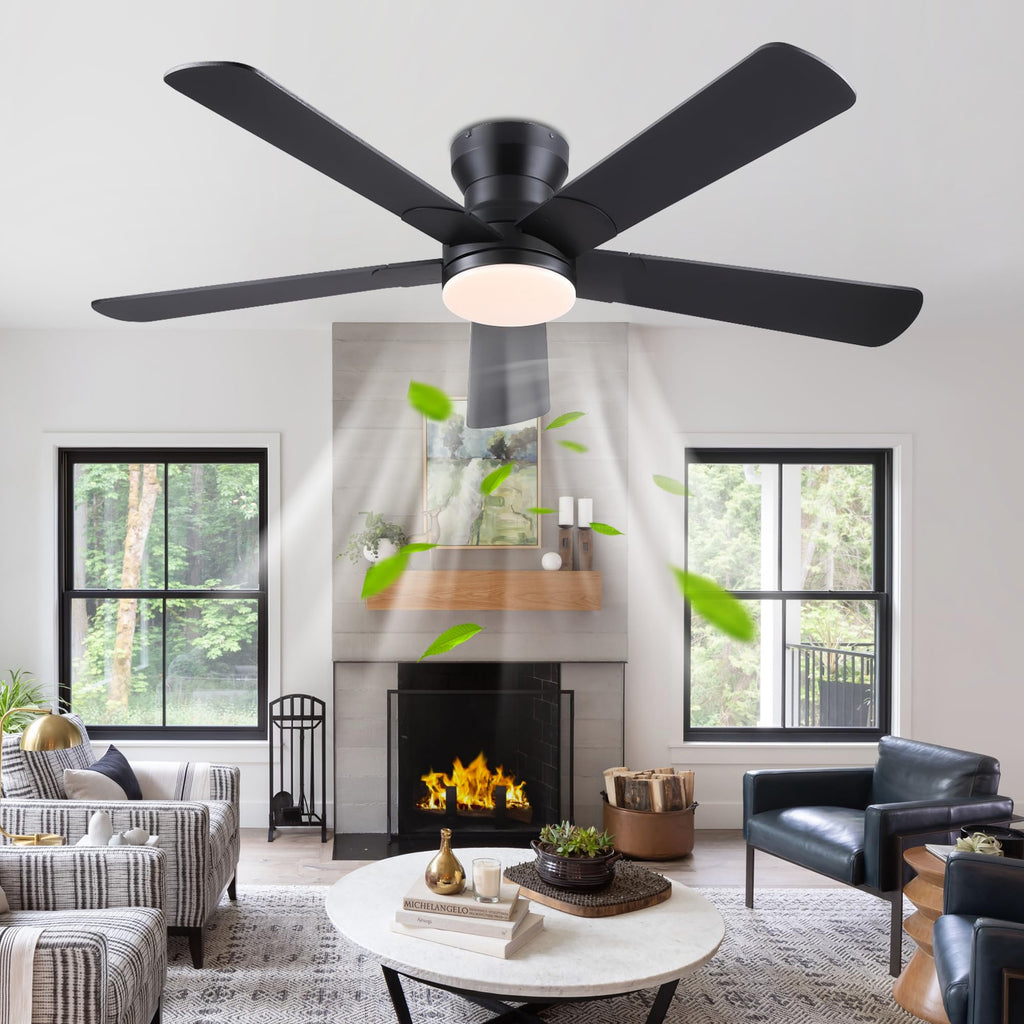 Ayaoty 52" Black Ceiling Fans with Lights and Remote - Flush Mount Fan Light with 5 Reversible Blades, 3CCT Dimmable, DC, Low Profile Ceiling Fan for Modern Indoor, Covered Outdoor