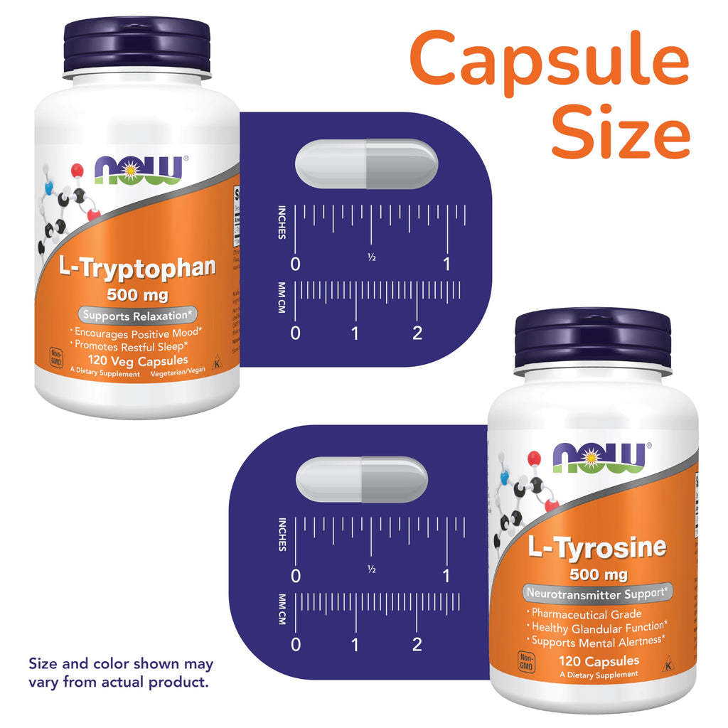 NOW Foods Mood Neurotransmitter Bundle* - L-Tryptophan 500mg Supplement 120 Veg Capsules + L-Tyrosine 500mg Capsules 120ct - Mood & Neurotransmitter Support*