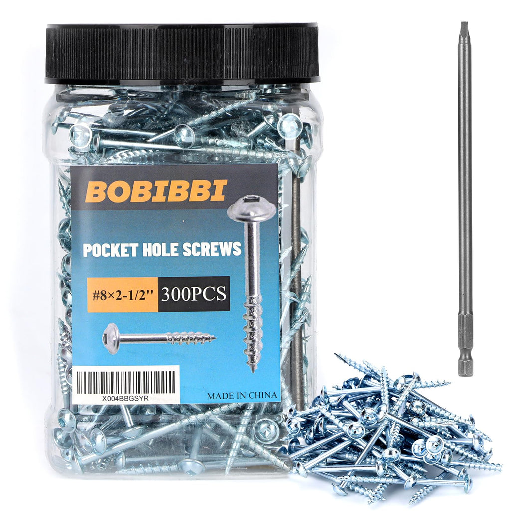 Bobibbi Pocket Hole Screws #8x2-1/2 Zinc, Coarse Thread Wood Screws, Washer Head with Square Drive 300Pcs, 150MM Drive Bit Included