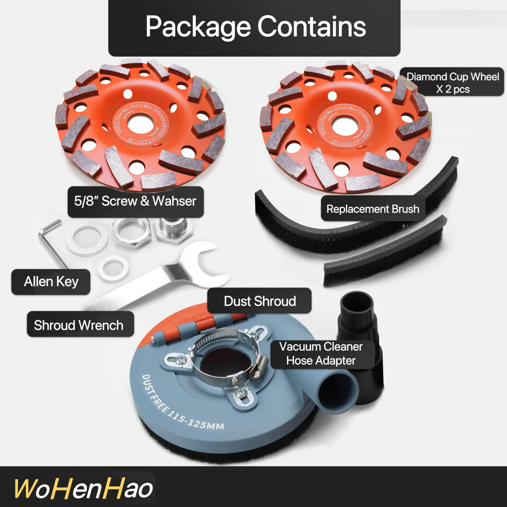 Wohenhao Dust Shroud for Angle Grinder 4.5-5 inch + 2 PCS Diamond Grinding Cup Wheel 5 inch + Replacement Brush, Universal Surface Grinding Shroud Kit for Various Surfaces