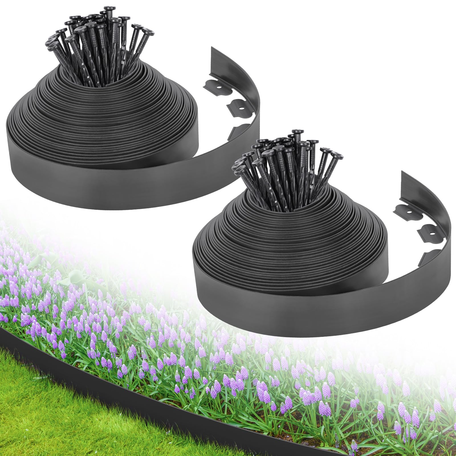 3-Inch x 100 FT Landscape Edging Border Kit with 150 Stakes, Plastic Garden Edging Border, Flexible No Dig Lawn Edging Border for Garden Flower Beds Yard Pathway Paver (Black)