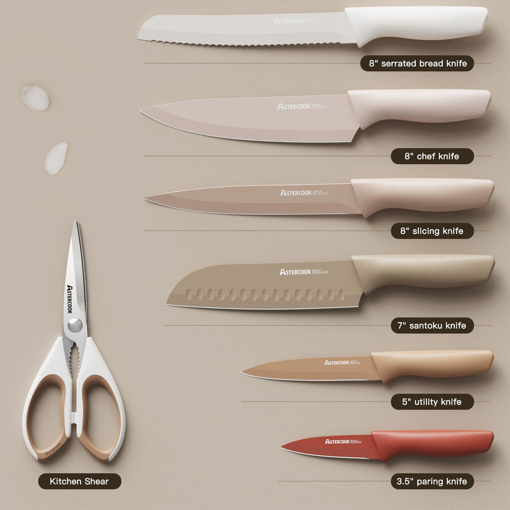 Astercook Knife Set, 13 Pieces Kitchen Knives Set with Healthy Anti-Rust Coating, Dishwasher Safe, Stainless Steel Chef Knife Sets with 6 Blade Guards, Perfect Holiday Gifts for Kitchen