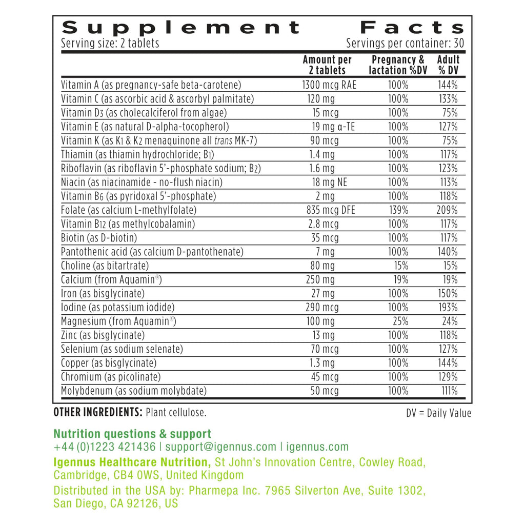 Igennus Methylated Prenatal Multivitamin for Women, Folate for MTHFR, High Absorption, Pure & Clean, Gentle Iron, Choline, Calcium & Magnesium, Vegan Pregnancy Vitamins, Halal, Non-GMO, 60 Tablets x 6