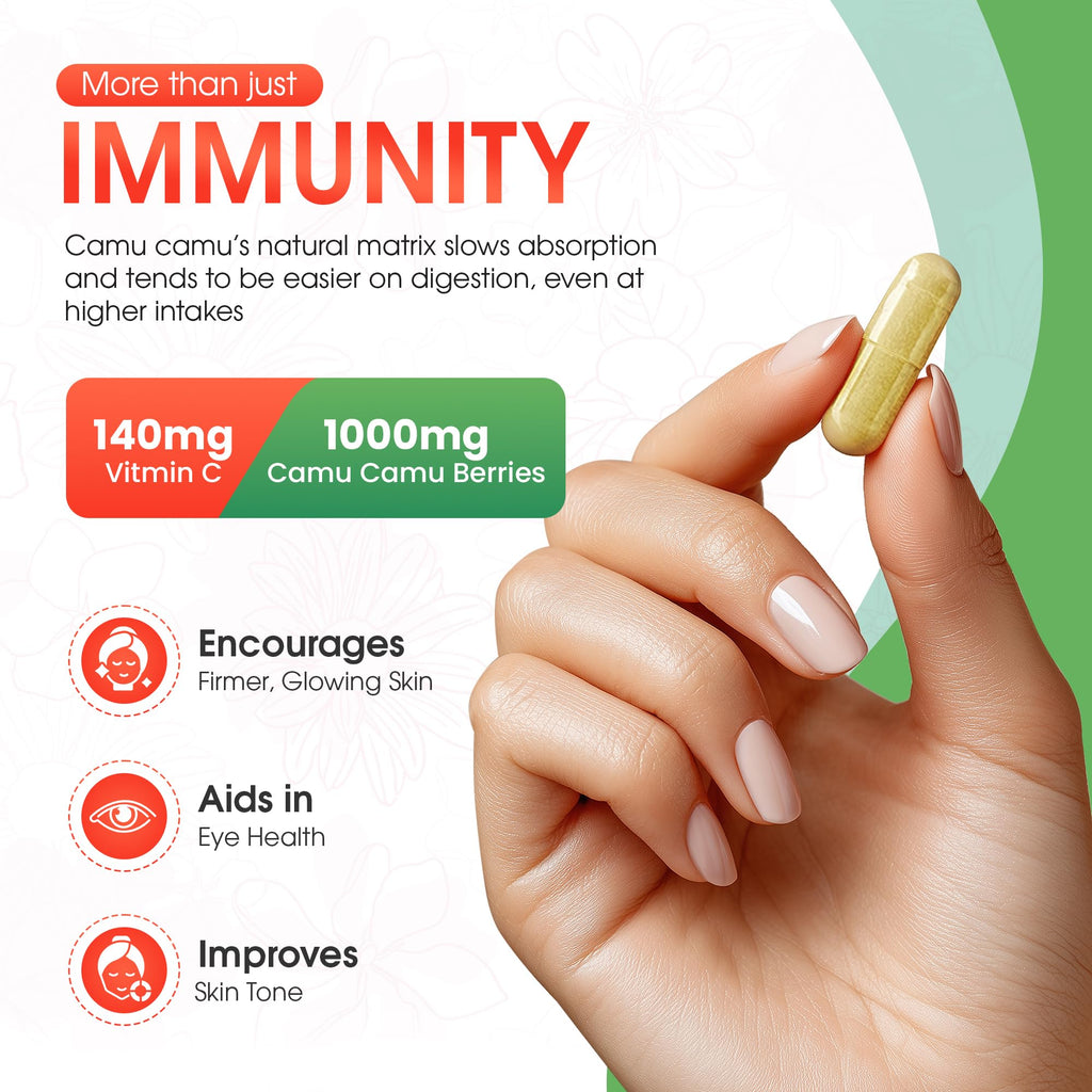 Organic Vitamin C from Camu Camu Capsules 1,000mg, Packed with Natural VIT C, Raw Antioxidants - Immune Support Supplement & Anti-Aging for Skin - Powder Organic, Vegan, Non-GMO (120 Count)