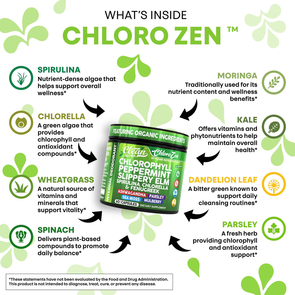 Clean Nutra Chlorophyll Capsules + Peppermint Slippery Elm Spirulina Chlorella Fenugreek Ashwagandha Sea Moss Supplement – Ph Balance for Women Detox Internal Deodorant Supplement + Prebiotics 60 Ct
