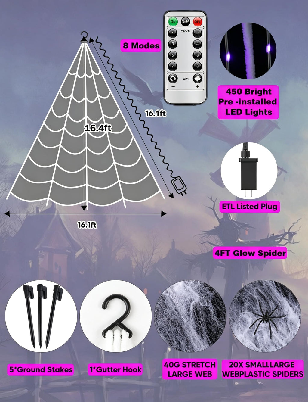 Halloween Decorations Outdoor Spider Web,Upgraded 450 LED Spider Web Lights