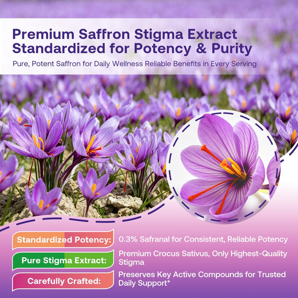 Saffron Gummies Kids & Adults, Mixed Fruit Flavor Sugar Free, Saffron Magnesium Supplements with 88.5mg Saffron Extract, B6, D3, Lutein, Omega-3, Brain, Focus, Calm & Vision Support, Vegan, 60 Counts