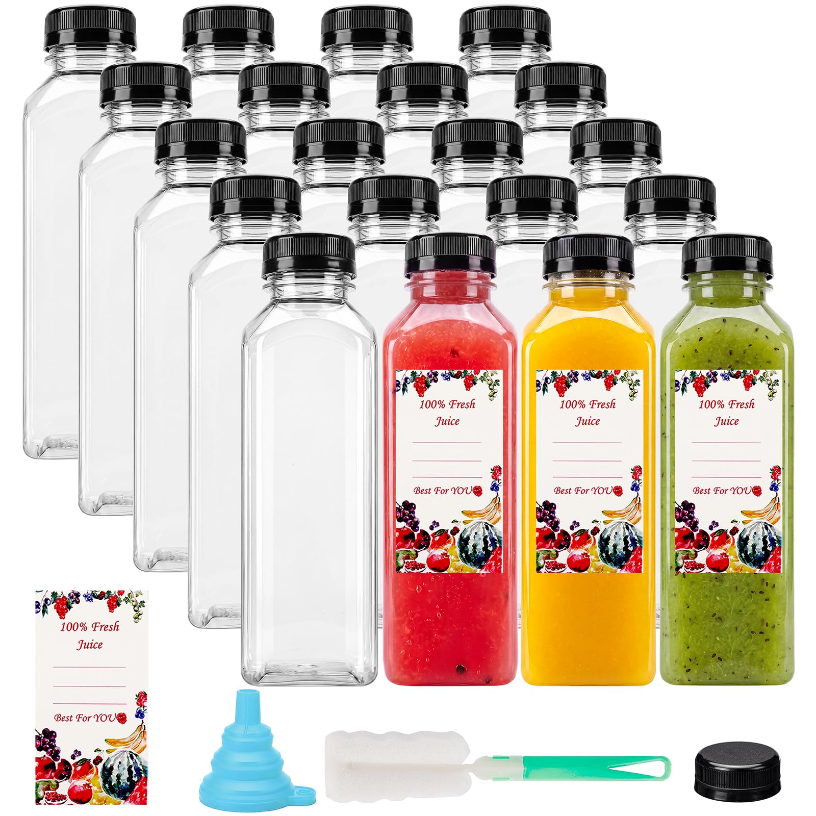 SUPERLELE 20pcs 16oz Juice Bottles, Plastic Juicing Bottles with Caps, Clear Drink Containers with Lids for Drinking, Smoothie and Other Beverages