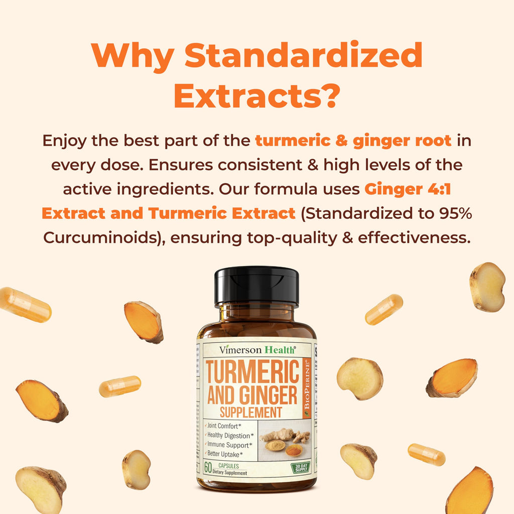 Turmeric Curcumin Supplement with Ginger Root for Joint Support, Digestive & Gut Health - Contains Organic Turmeric Curcumin with Black Pepper (Bioperine) for Enhanced Absorption - 60 Capsules