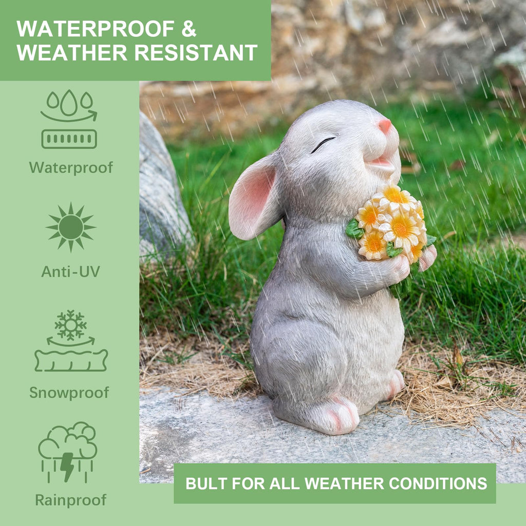 WONDHOME Solar Rabbit Garden Statues Outdoor Bunny Decor Resin Rabbit Figurine Holding Sunflower with LED Lights for Proch Patio Lawn Yard Mother's Day Christmas Birthday Gardening Gifts for Mom Women
