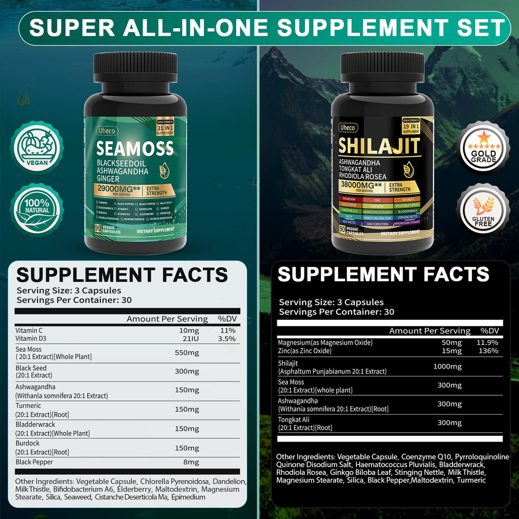 Shilajit and Sea Moss Vitality Bundle, Sea Moss 11000 mg, Shilajit 20000 mg, Black Seed, Ashwagandha, Turmeric, Bladderwrack, Burdock, Tongkat Ali, All in 1 Mineral Supplements