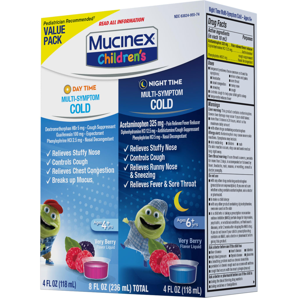 Mucinex Cold & Cough, Children's Multi-Symptom Day/Night Liquid, Very Berry, 8oz (2x4oz) Relieves Nasal & Chest Congestion, Thins & Loosens Mucus, Controls Cough, Reduces Fever, Soothes Sore Throat