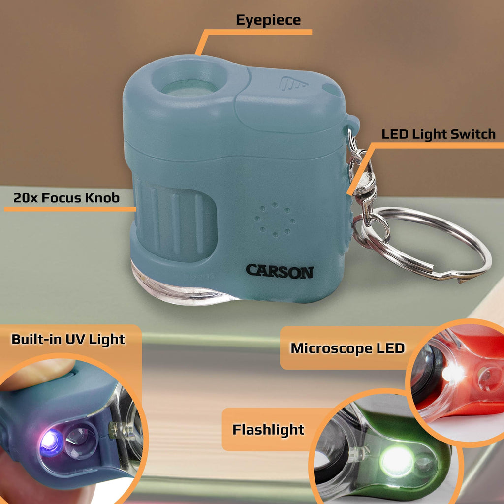 Carson MicroMini 20x Pocket Microscope for Adults, UV and LED Flashlight, Blue (MM-280B)