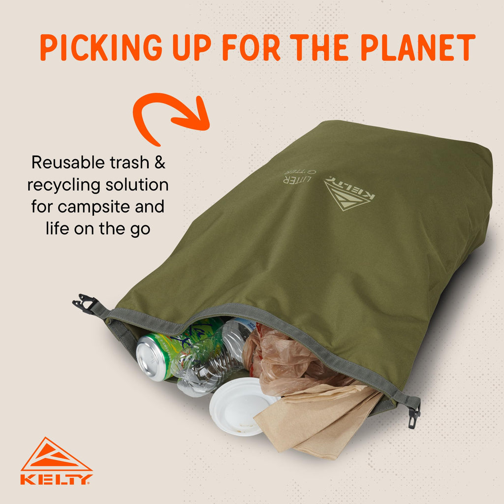 Kelty Litter G’tter Reusable Heavy Duty Garbage Bag and Carry Sack for Firewood, Cans, and Campsite Trash – Puncture + Water Resistant Fabric, Roll Top, 30L Capacity (Winter Moss)