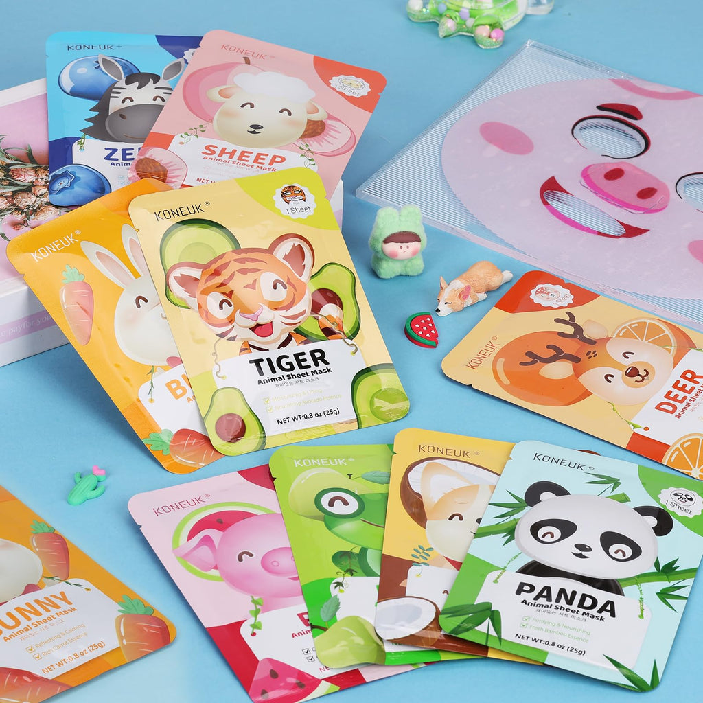 KONEUK 54 Pack Animal Kids Face Mask Spa, Bulk Collagen Hydrating Sheet Face Masks Skincare for Girls Teens, Easter Basket Stuffers, Birthday Gifts, Mothers Day Gifts for Mom