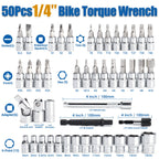 YIYEIE 50Pcs Master Bike Torque Wrench Set, 1/4 Inch Drive, 10-230 IN.LB (1-26.0 Nm), Inch Pound Click Torque Wrench with Bit Sockets, 0.1 Nm Micro, 3/8 Adapter, Pro Bicycle Tool Kit for MTB