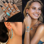 MEDOJO 26 Pcs Boho Jewelry Set for Women Bohemian Layered Western Necklace Stackable Turquoise Ring Turquoise Hoop Dangle Earrings Studs