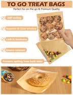 200 Self Sealing Sandwich Bags with Window, Paper Cookie Bags with Seal, Grease Resistant To Go Bakery Sleeves for Packaging Bagels, Donuts, Scone, Brownie, Small Pastries and other Treats