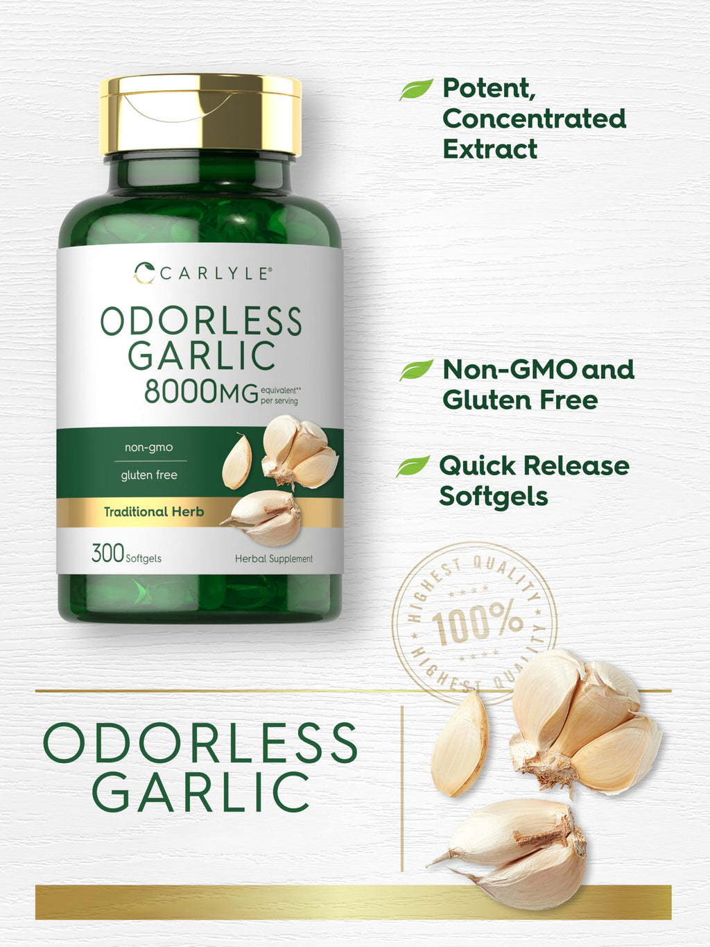 Carlyle Odorless Garlic Softgels | 300 Count | High Potency Formula | Non-GMO and Soy Free