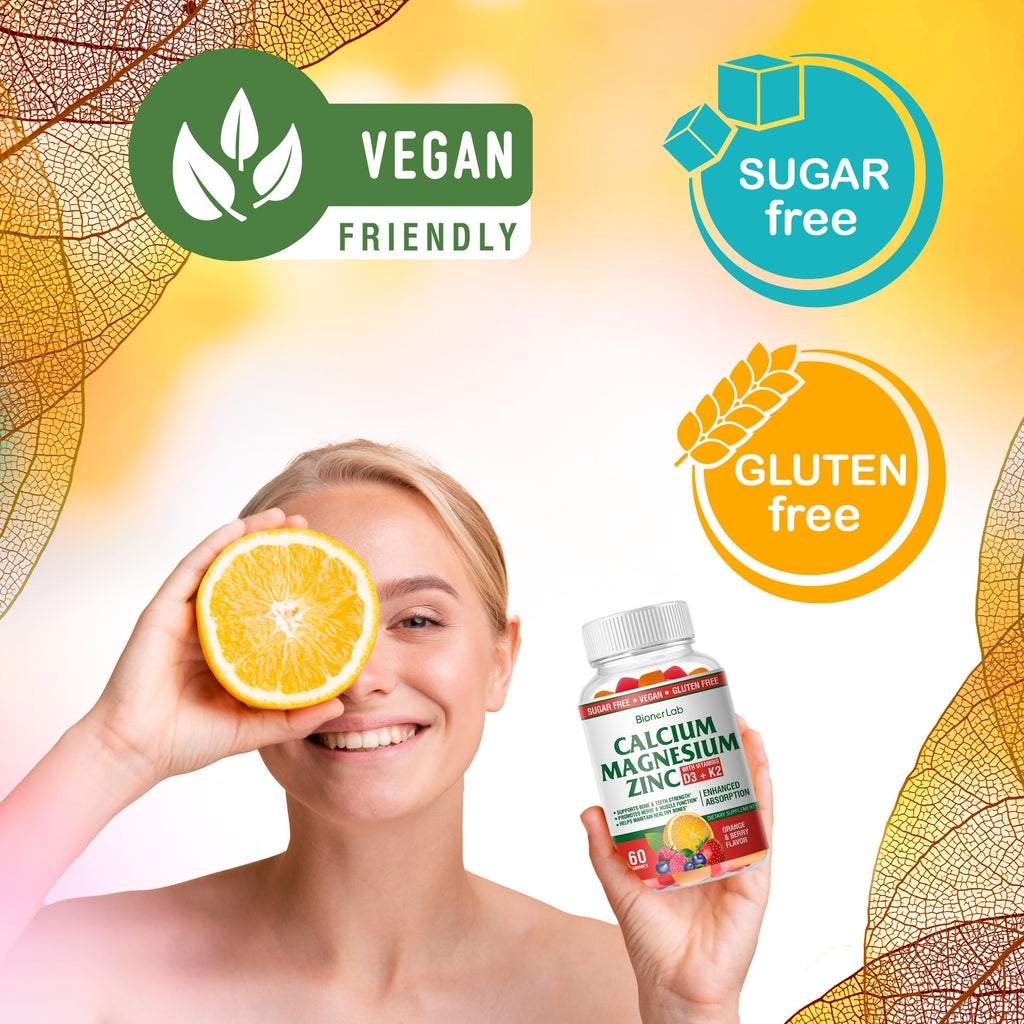 BionerLab Calcium Magnesium Zinc Gummies with Vitamin D3 & K2 - High Potency Enhanced Absorption - Orange and Berry Flavored