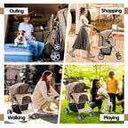 Azaeahom Pet Stroller, 4 Wheels Pet Strolling Cart for Medium/Small Dogs and Cats, Foldable Cat Jogger/Dog Stroller with Cup Holder, Storage Basket, Breathable Mesh, All-Season Pet Carrier, Khaki
