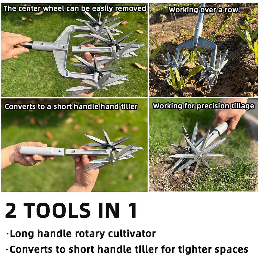 KLDOLLAR Rotary Cultivator, Hand Tiller Garden Tool with Sturdy Metal Tines